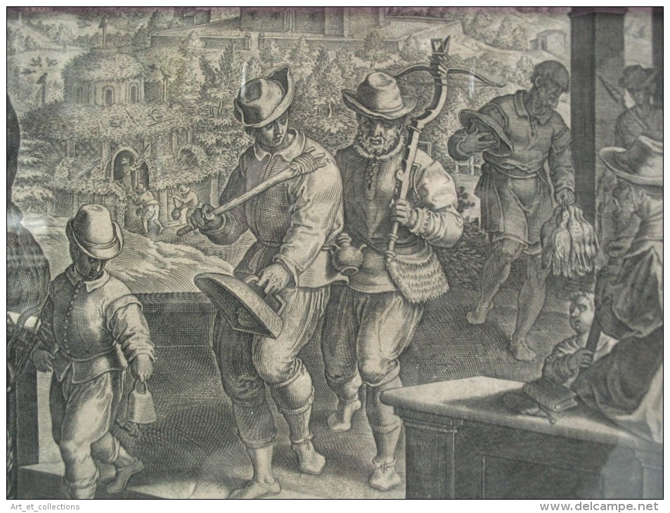 Intéressante Gravure De Jan Van Der Straet : La Chasse Aux Grives / époque XVIè Siècle - Estampes & Gravures