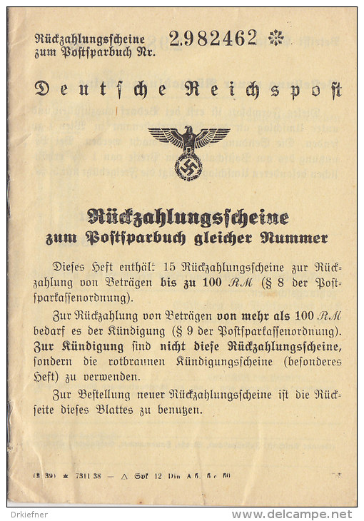 Heft Mit 8 Rückzahlungsscheinen Zum Postsparbuch, Deutsche Reichspost Wien 1938 - Wechsel