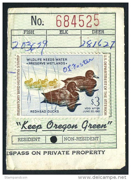 US RW27 Used Duck Stamp From 1960 On Oregon License - Duck Stamps