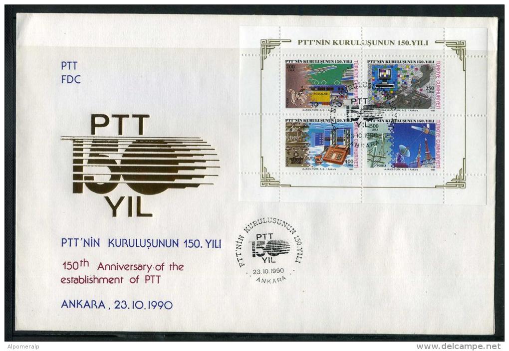 TURKEY 1990 FDC - 150th Anniv. Of The Establishment PTT (Postal Service), Michel Bl.29; ISFILA Bl.32, Scott #2491-94a. - FDC