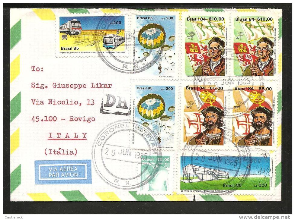 O) 1985 BRAZIL, TRAIN, MILITARY PARACHUTE, CHRISTOPHER COLUMBUS, FLAG, CLOAT, CATETINHO, COVER TO ITALY - Aéreo