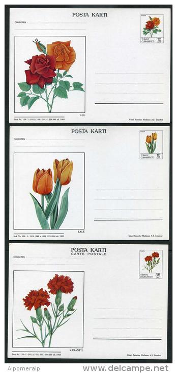 TURKEY 1983 PS / Postcard - Rose, Tulip And Carnation Illustration, Set Of 3 Postcards Oct.29, #AN 260-262. - Postal Stationery