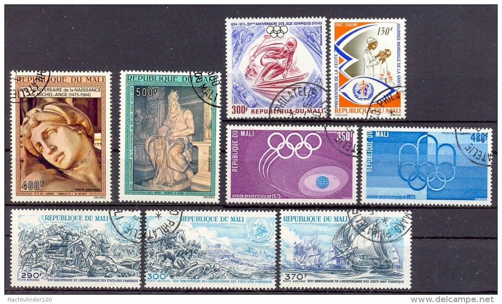 Mut121 SMALL ASSORTMENT ART SPORTS SKIING OLYMPIC GAMES SHIPS HORSES MALI 1974 Gebr/used  VANAF1EURO - Mali (1959-...)