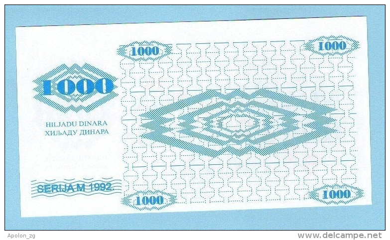 BOSNIA - BOSNIEN UND HERZEGOWINA, 1000 Dinara 1992 UNC SPECIMEN No. 000000. - Bosnia And Herzegovina