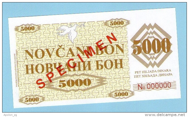 BOSNIA - BOSNIEN UND HERZEGOWINA, 5000 Dinara 1992 UNC SPECIMEN No. 000000. - Bosnia And Herzegovina