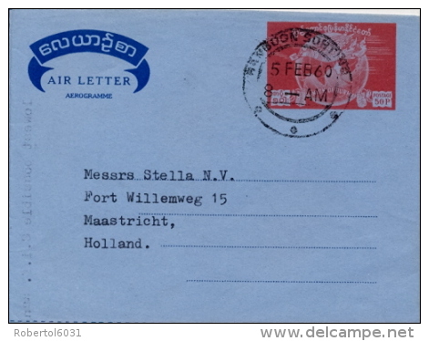 Burma Now Myanmar 1960 Postal Stationery Air Mail Letter 50 P. From Rangoon To Netherlands - Myanmar (Birmanie 1948-...)