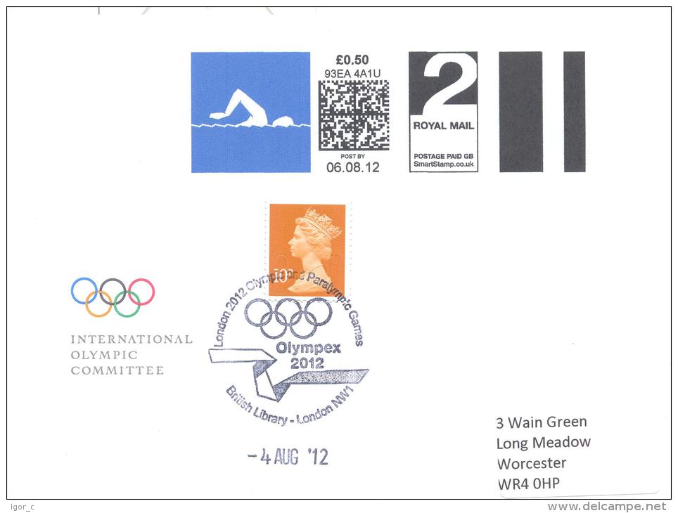 UK Olympic Games London 2012 Letter; Olympic Swimming 2nd Class Smart Stamp Uprated To 1st Class; Olympex Cancellation - Summer 2012: London