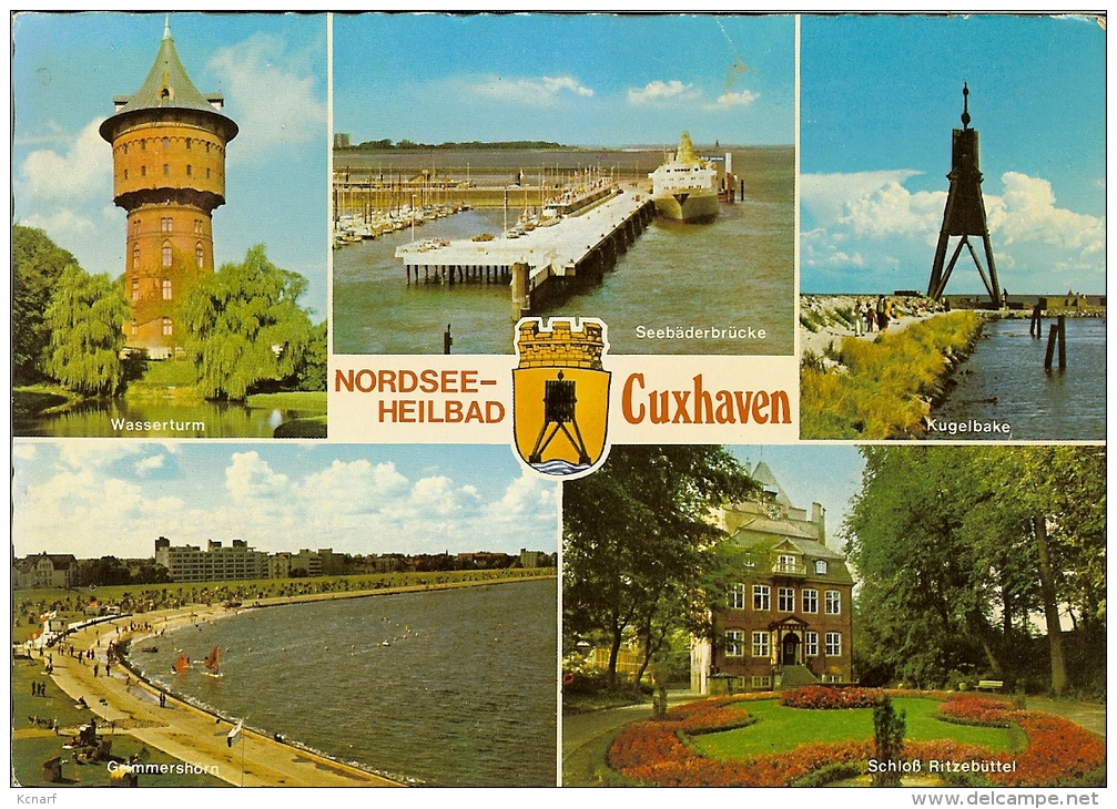 CP De CUXHAVEN " Wasserturm , Seebäderbrücke , Kugelbake , Schlob Ritzebüttel Grimmershörn " . - Cuxhaven