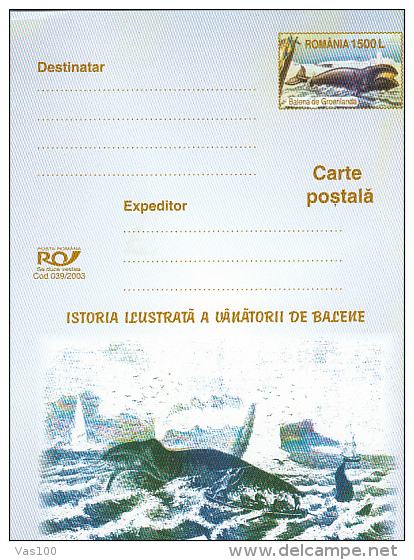 GREONLAND WHALE, PC STATIONERY, ENTIER POSTAL, 2003, ROMANIA - Baleines