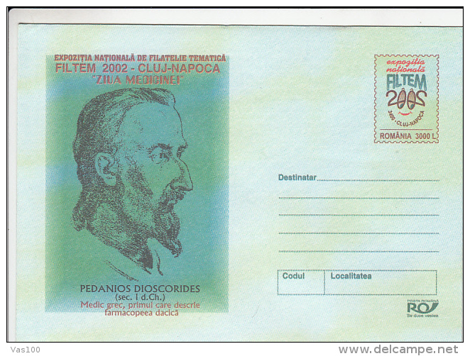 PEDANIOS DIOSCORIDES- ANCIENT GREEK PHISICIAN COVER STATIONERY, ENTIER POSTAL, UNUSED, 2002, ROMANIA - Médecine