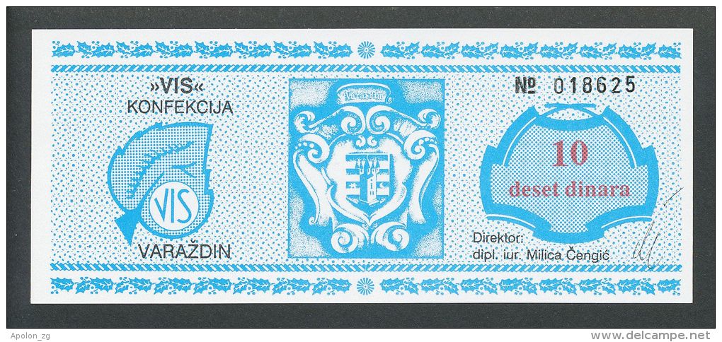 KROATIEN - CROATIA: 10 Dinara ND 1990 UNC , VIS KONFEKCIJA - VARAZDIN  COMMODITY BON - Bosnien-Herzegowina