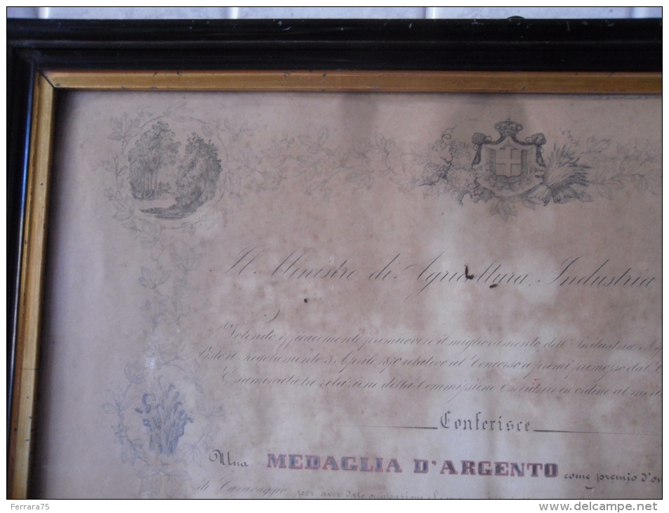 QUADRO MEDAGLIA D'ARGENTO DIPLOMA D'ONORE MINISTRO AGRICOLTURA COMMERCIO 1872 - Diploma's En Schoolrapporten