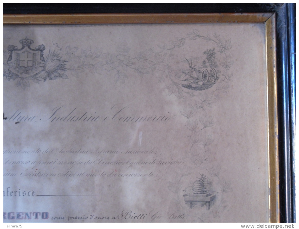 QUADRO MEDAGLIA D'ARGENTO DIPLOMA D'ONORE MINISTRO AGRICOLTURA COMMERCIO 1872 - Diplômes & Bulletins Scolaires