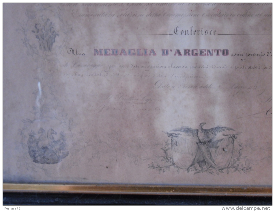 QUADRO MEDAGLIA D'ARGENTO DIPLOMA D'ONORE MINISTRO AGRICOLTURA COMMERCIO 1872 - Diploma's En Schoolrapporten