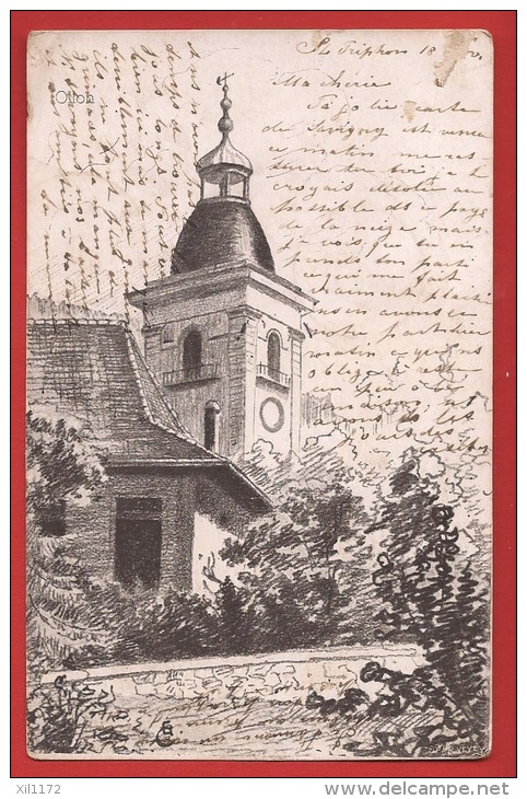 Z0290 Croquis De L´Eglise D'Ollon  Expédié De St Triphon Vers La Cure De Savigny. Précurseur. Cachet 1903 - Savigny