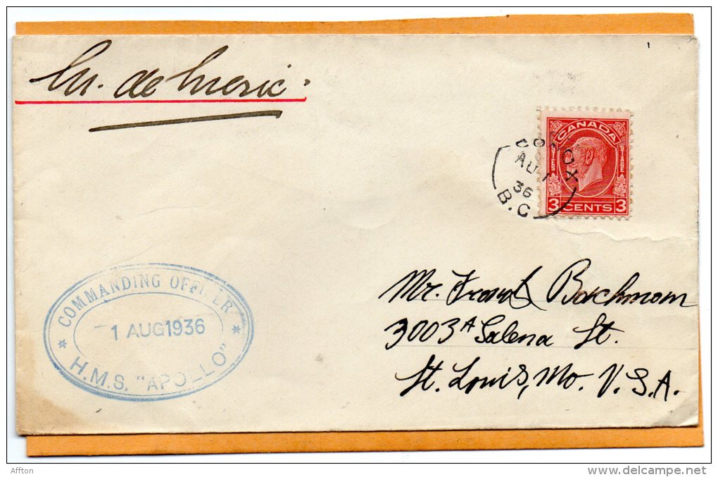 HMS Apollo 1936 Cover Mailed To USA - Postgeschichte