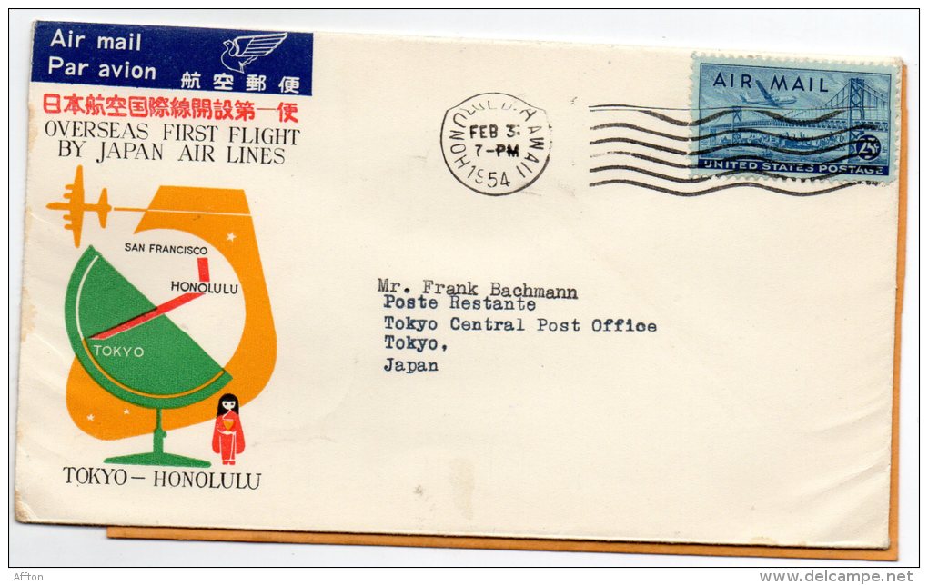 First Flight By Japan Air Lines Tokyo Honolulu 1954 Cover - Airmail