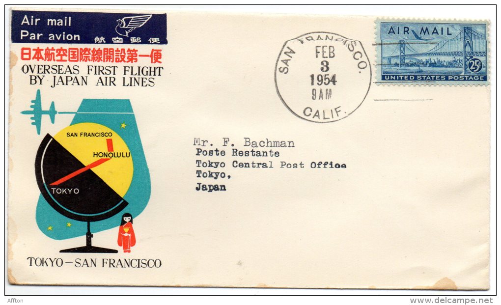 First Flight By Japan Air Lines Tokyo San Francisco 1954 Cover - Airmail