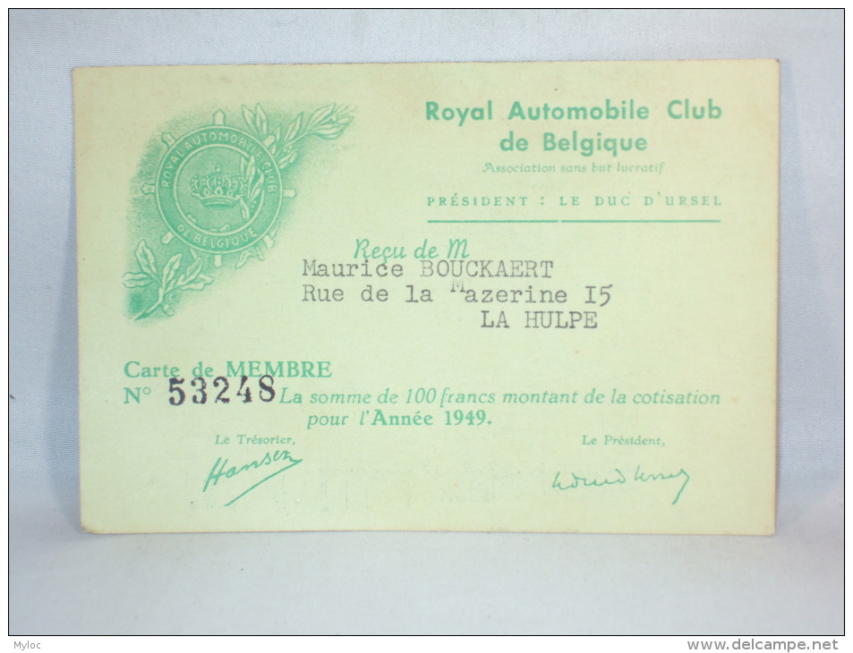 Carte De Membre. Royal Automobile Club De Belgique. 1949. - 1900 – 1949