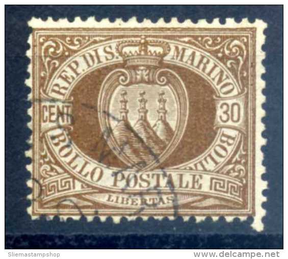 SAN MARINO  - 1877 COAT OF ARMS, 30c BROWN - Oblitérés