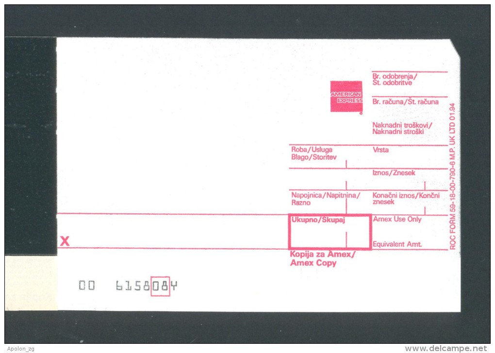 USA - CROATIA - SLOVENIA , AMERICAN EXPRESS CHARGE RECORD FORMS, UNUSED. RARE! - Sonstige & Ohne Zuordnung