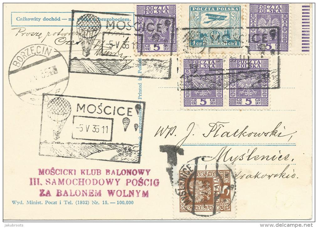 5.V.1935. ILLUST.CARD. THIRD FREE BALLOON MOTOR PERSUITS RACE MOSCICE--BORZECIN - Ballonpost
