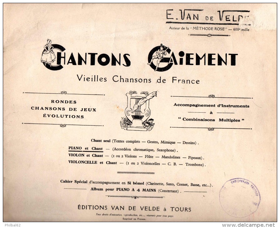 Livret " Chantons Gaiement ", Vieilles Chansons Françaises. Ed. Van De Velde à Tours. Titres : Voir Photo. - Partitions Musicales Anciennes