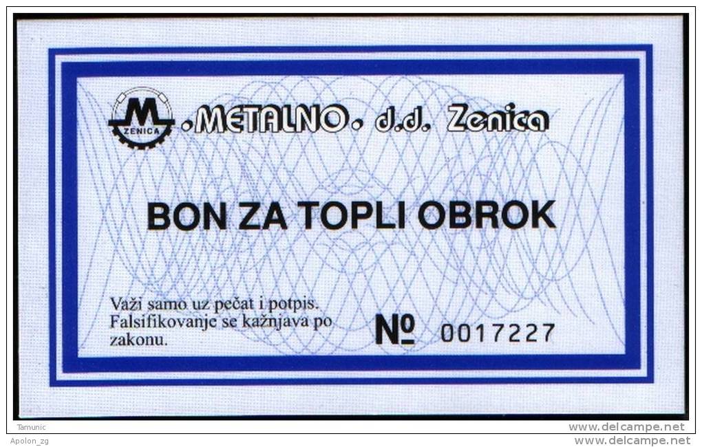 BOSNIEN UND HERZEGOWINA - BOSNIA, Company METELNO - ZENICA , BON  VOUCHER FOR WARM MEAL. 1994 - Bosnien-Herzegowina