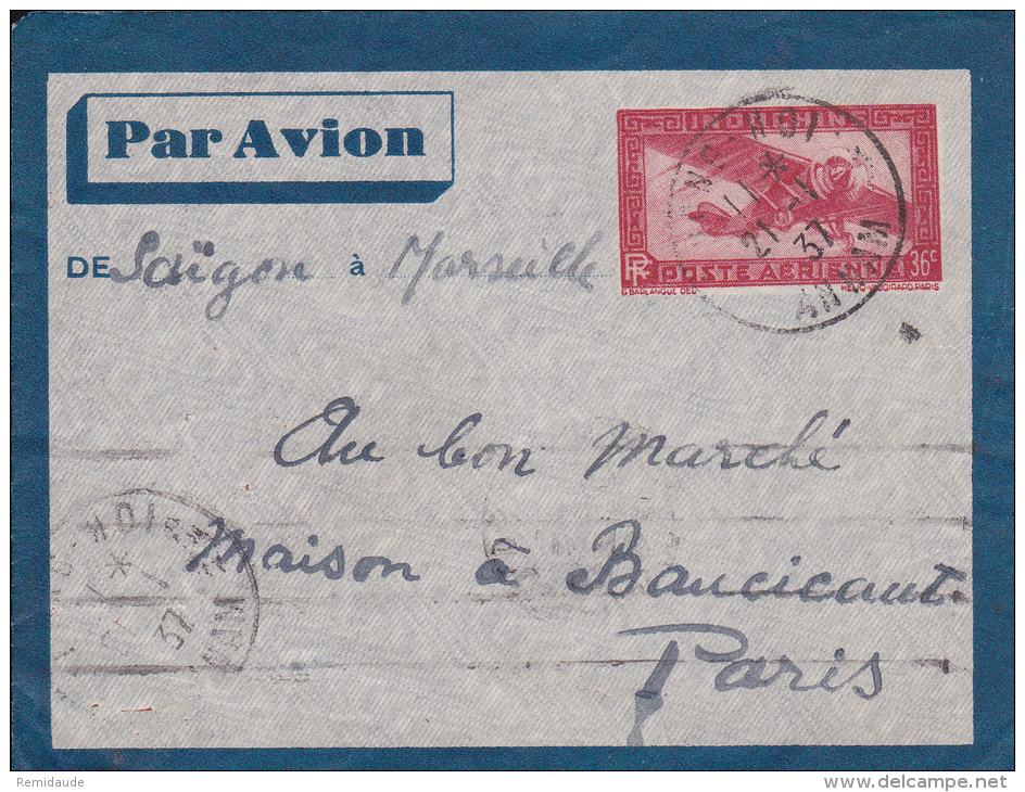 INDOCHINE - 1937 - ENVELOPPE ENTIER POSTAL Par AVION De SAÏGON Pour PARIS Via MARSEILLE - Lettres & Documents