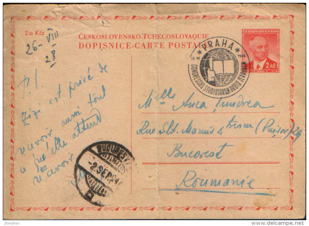 Czechoslovakia-Postal Stationery Postcard 1946 With Special Cancellation-Congress Studies The World - Cartes Postales