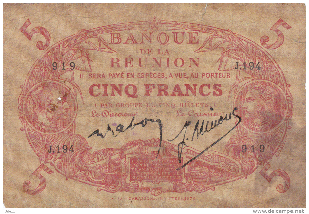 BANQUE DE LA REUNION .5 FRANCS  Type 1874  ROUGE .série J.194 - N° 919 - Réunion