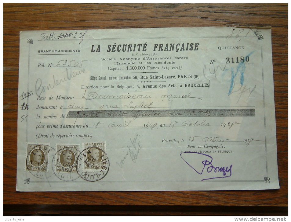 Quittance - Reçu La Sécurité Française PARIS / Bruxelles / 1928 ( D'Assurances ) ! - Lettres De Change