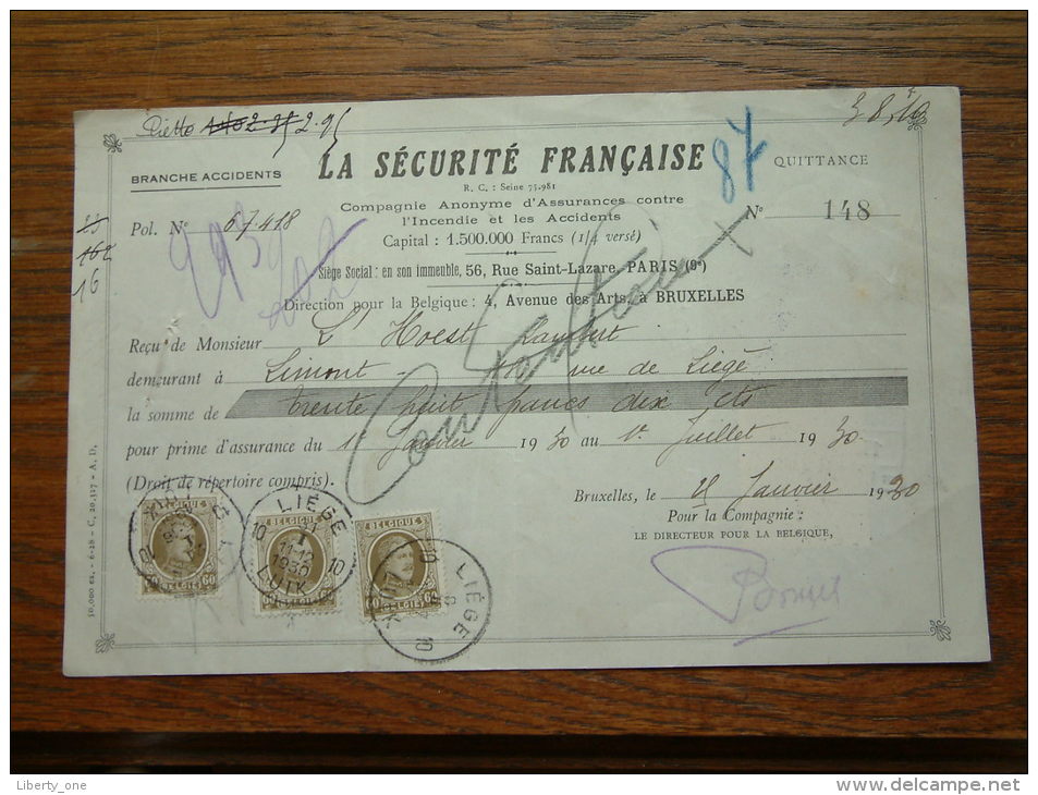 Quittance - Reçu La Sécurité Française PARIS / Bruxelles / 1930 ( D´Assurances ) ! - Lettres De Change