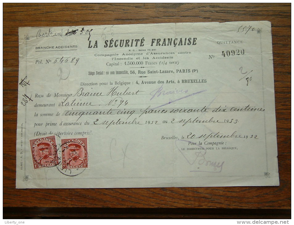 Quittance - Reçu La Sécurité Française PARIS / Bruxelles / 1932 ( D´Assurances ) ! - Lettres De Change