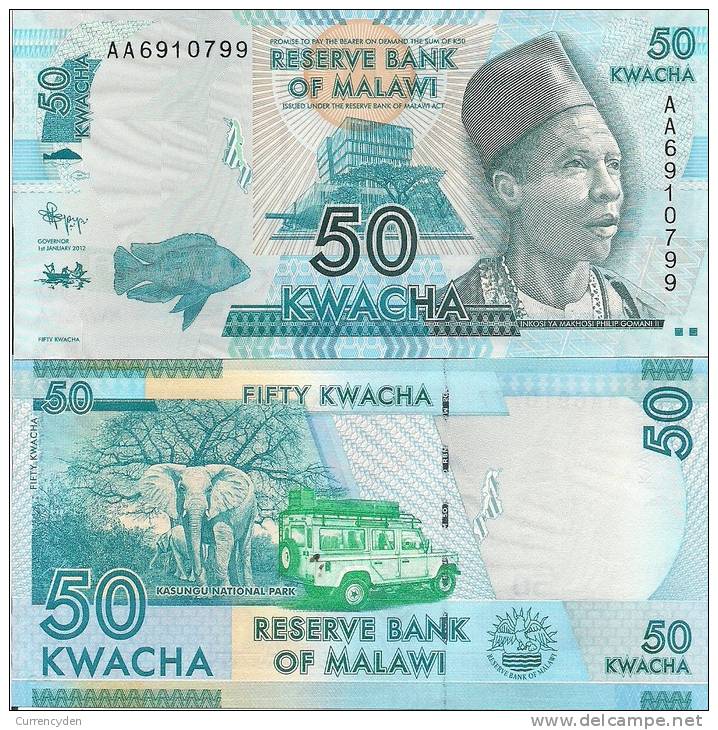 Malawi P-New 50 Kwacha, Fish / Elephant, Safari Vehicle In Nati'l Park, AAprefix - Malawi