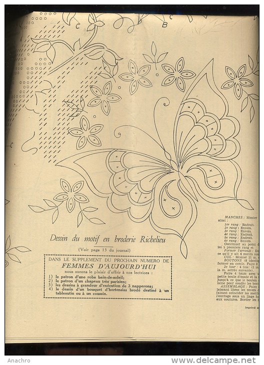 FEMMES D' AUJOURD'HUI 1952 + PATRON ROBE BRODERIE ANGLAISE RICHELIEU PAPILLON - Schnittmuster