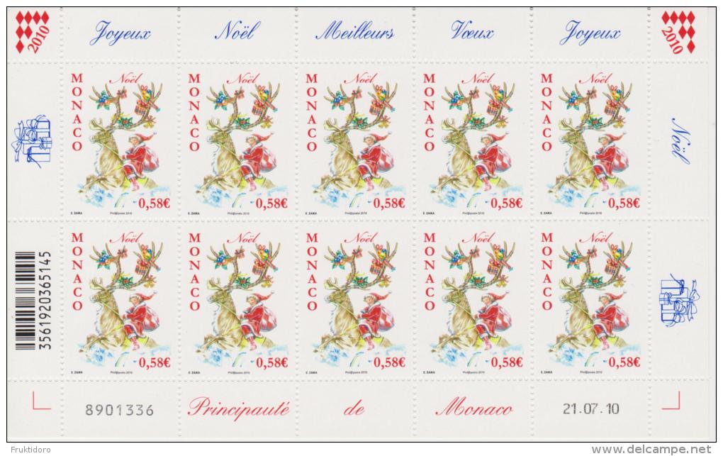 Monaco Mi 3011 Christmas - Girl As Santa Claus On Reindeer With Decorated Antlers - 2010 - Full Sheet * * - Unused Stamps