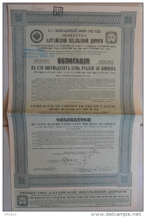 OBLIGATION COMPAGNIE CHEMIN DE FER DE L´ALTAI / 1912/ 187 ROUBLES  ET 50 COPECS - Chemin De Fer & Tramway