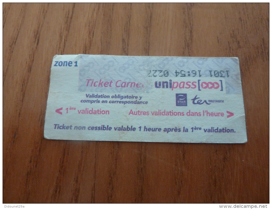 Ticket De Transport (bus, Métro, Tramway) STAR - RENNES(35) "Ticket Carnet Unipass" - Europe