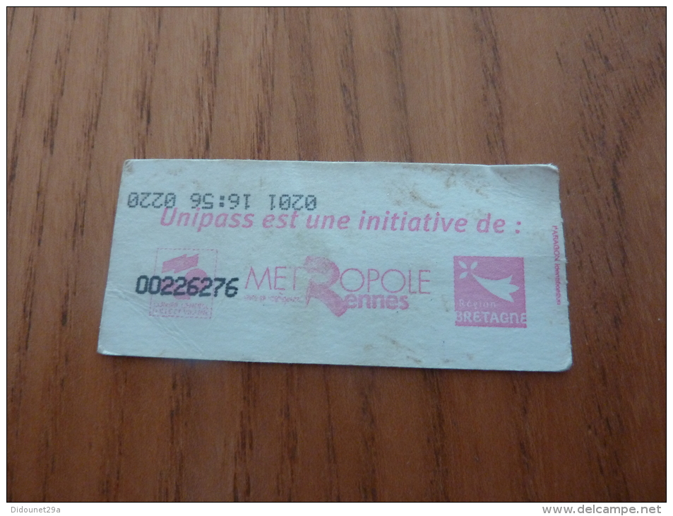 Ticket De Transport (bus, Métro, Tramway) STAR - RENNES(35) "Ticket Carnet Unipass" - Europa