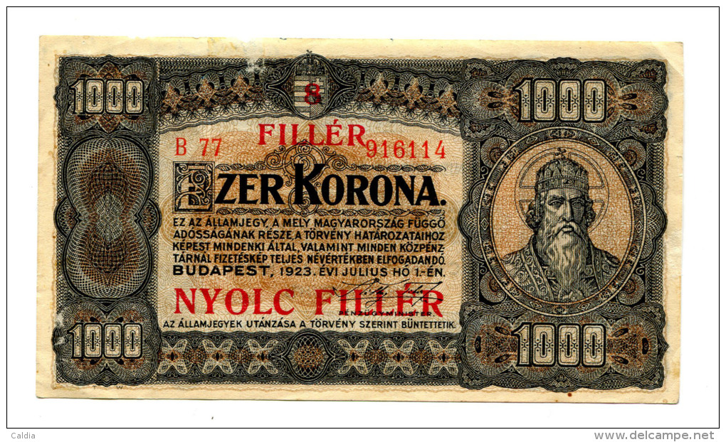 Hongrie Hungary Ungarn 1.000 Korona 1923 "" 8 Filler "" Overprint # 4 - Hongrie