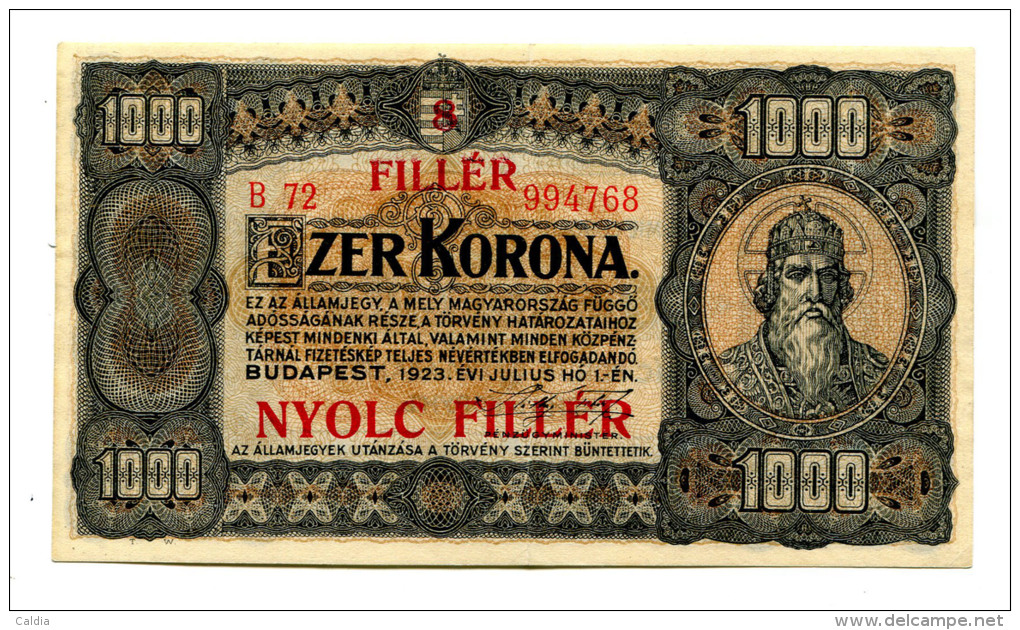 Hongrie Hungary Ungarn 1.000 Korona 1923 "" 8 Filler "" Overprint # 8 HIGH  GRADE - Hungary