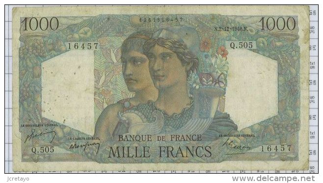 1000 Francs Minerve Et Hercule, Ref Fayette 41-24, état TTB - 1 000 F 1945-1950 ''Minerve Et Hercule''