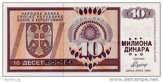 BOSNIA - BOSNIEN UND HERZEGOWINA,  10 Million Dinara ND1992  UNC *PNL, Ovpt. On 10 Dinara 1992  RARE! - Bosnia And Herzegovina