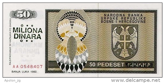 BOSNIA - BOSNIEN UND HERZEGOWINA,  50 Million Dinara ND1992  UNC *PNL, Ovpt. On 50 Dinara 1992  RARE! - Bosnien-Herzegowina