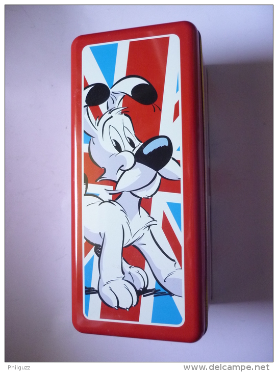 BOITE  EN METAL Fer Blanc DELACRE  ASTERIX - Idefix Sur Fond D'Union Jack - Art De La Table