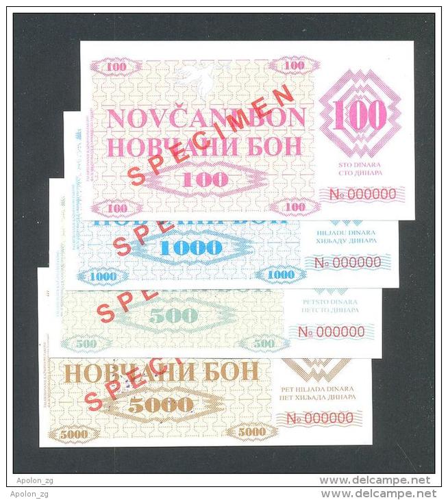 BOSNIA - BOSNIEN AND HERZEGOVINA, 100, 500,1000 & 5000 Dinara 1992 UNC *SPECIMEN* No. 000000,Handstamp:FILIJALA SARAJEVO - Bosnia And Herzegovina