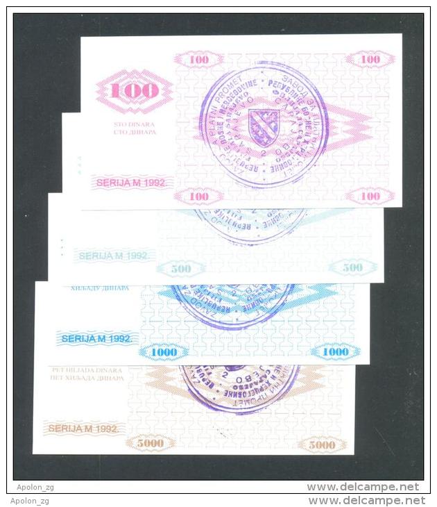 BOSNIA - BOSNIEN UND HERZEGOWINA, 100, 500,1000 & 5000 Dinara 1992 UNC *SPECIMEN* No. 000000,Handstamp:FILIJALA SARAJEVO - Bosnia And Herzegovina