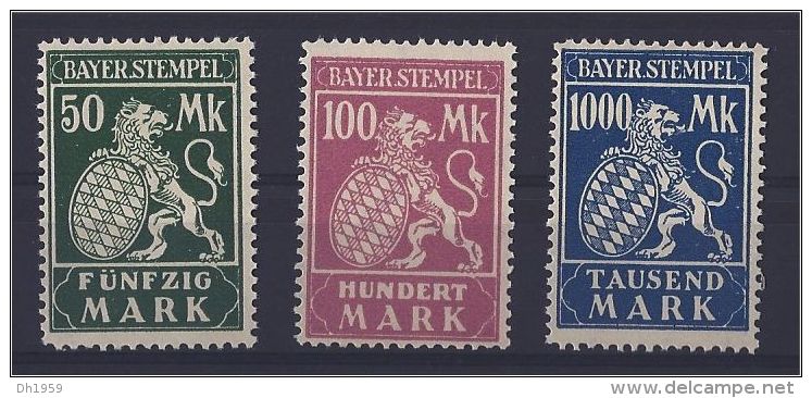 BAYER STEMPEL MARKE 50 - 100 - 1000 MARK  FISCAUX  LION LÖWE - Mint