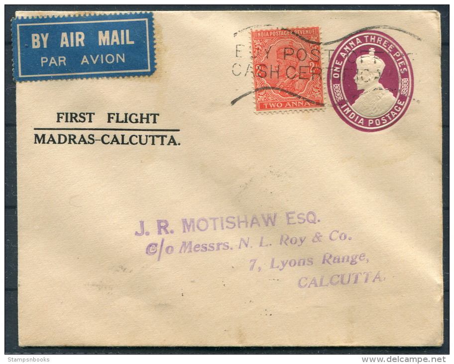 1934 India Madras - Calcutta First Flight Stationery Cover - Airmail